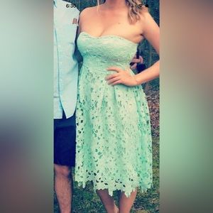 Alya Seafoam Strapless Teacup Dress with Embroidered Flower Lace